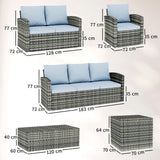 Outsunny 6 Pieces Rattan Garden Furniture Set, 7 Seater Wicker Outdoor Furniture Set with Storage Tea Table & Side Table, Sectional Garden Sofa Set with Cushions, Grey