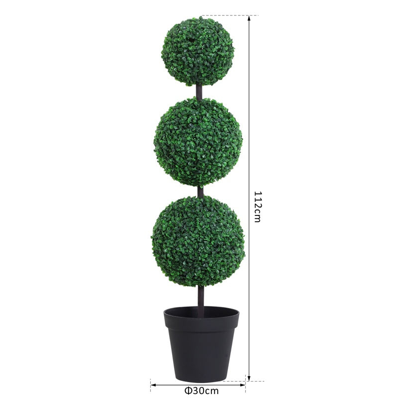 Outsunny Set of 2 Artificial Boxwood Ball Topiary Trees Potted Decorative Plant Outdoor and Indoor Décor (112cm)