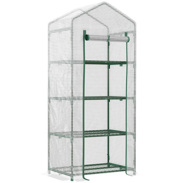 Outsunny 4 Tier Mini Greenhouse, Portable Compact Green House with Steel Frame, PE Cover, Roll-up Door, 70 x 50 x 160 cm, White