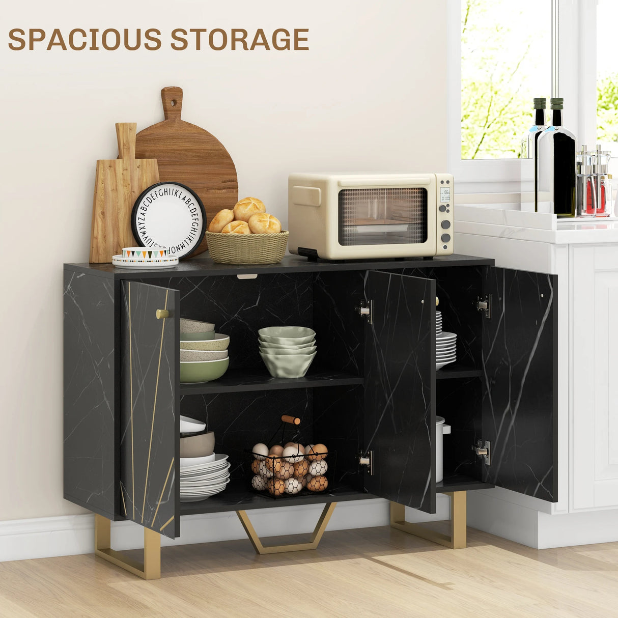 HOMCOM Sideboard Storage Cabinet, Modern Storage Cupboard with Adjustable Shelves and Metal Legs for Living Room, Kitchen, Dining Room, Entryway, Black Marble Tone