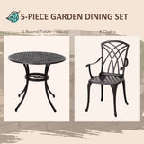 Outsunny 5 Pieces Garden Dining Set for 4, Cast Aluminium Outdoor Dining Set with 4 Armchairs and Round Dining Table with Parasol Hole, Garden Furniture Set, Brown