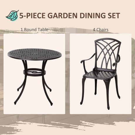 Outsunny 5 Pieces Garden Dining Set for 4, Cast Aluminium Outdoor Dining Set with 4 Armchairs and Round Dining Table with Parasol Hole, Garden Furniture Set, Brown