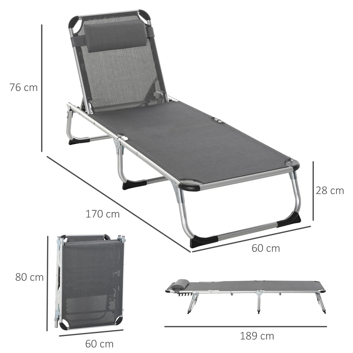 Outsunny Foldable Outdoor Sun Loungers Set of 2, Reclining Lounge Chair Camping Bed Cot with Pillow 4-Level Adjustable Back Aluminium Frame, Grey
