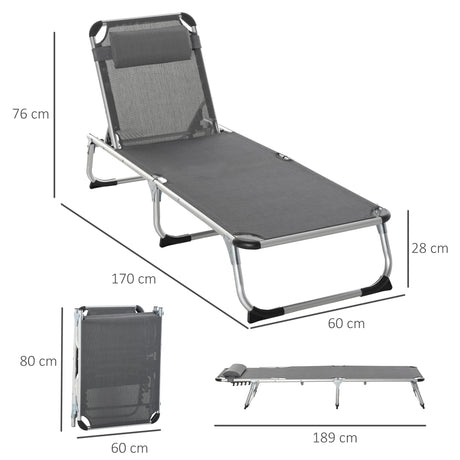 Outsunny Foldable Outdoor Sun Loungers Set of 2, Reclining Lounge Chair Camping Bed Cot with Pillow 4-Level Adjustable Back Aluminium Frame, Grey