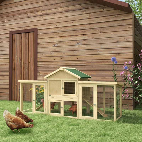 PawHut Large Chicken Coop, Wooden Garden Hen House, Poultry Coops Cages with Run, Nesting Box, Natural Wood Finish