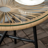 Outsunny Rattan Side Table, Round Outdoor Coffee Table, with Round PE Rattan and Tempered Glass Tabletop for Patio, Garden, Balcony, Beige