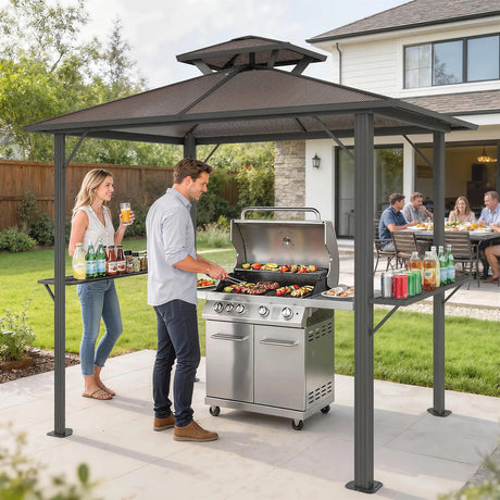 Outsunny 2.5 x 1.5 m Hardtop Grill Gazebo with Double Roof, Aluminium Outdoor BBQ Gazebo Shelter with 2 Side Shelves, Brown