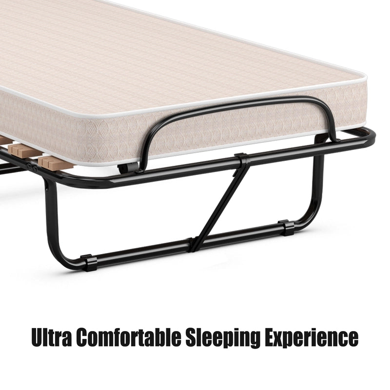 Rollaway Folding Bed with Memory Foam Mattress Guest Bed with Wheels-Beige