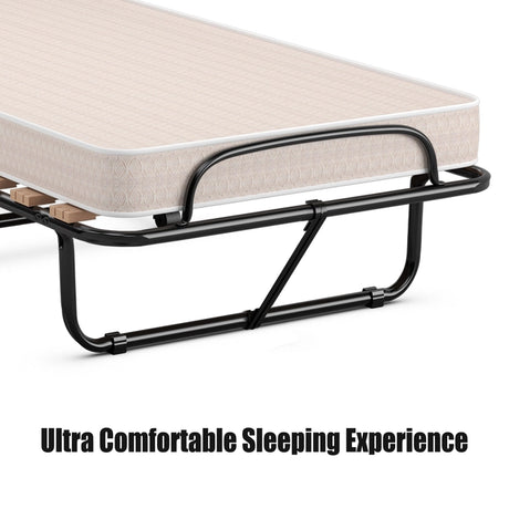 Rollaway Folding Bed with Memory Foam Mattress Guest Bed with Wheels-Beige