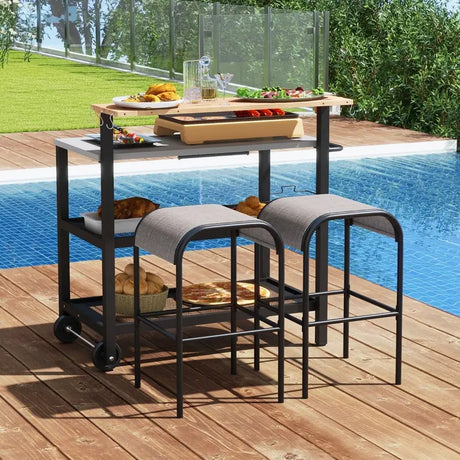 Rolling Bar Cart with Flip-up Table with Hooks and Foldable Handle