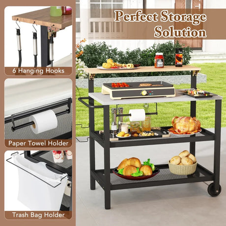 Rolling Bar Cart with Flip-up Table with Hooks and Foldable Handle