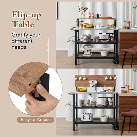 Rolling Bar Cart with Flip-up Table with Hooks and Foldable Handle