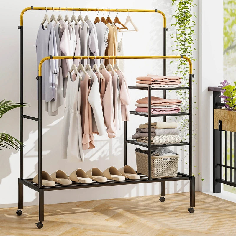 Rolling Double Rods Garment Rack with Height Adjustable Hanging Bars-Golden