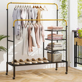 Rolling Double Rods Garment Rack with Height Adjustable Hanging Bars-Golden