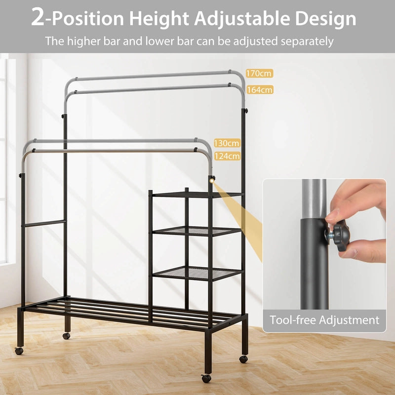 Rolling Double Rods Garment Rack with Height Adjustable Hanging Bars-Silver