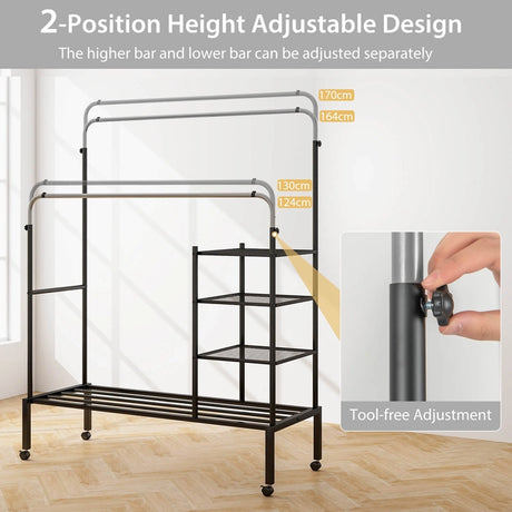 Rolling Double Rods Garment Rack with Height Adjustable Hanging Bars-Silver