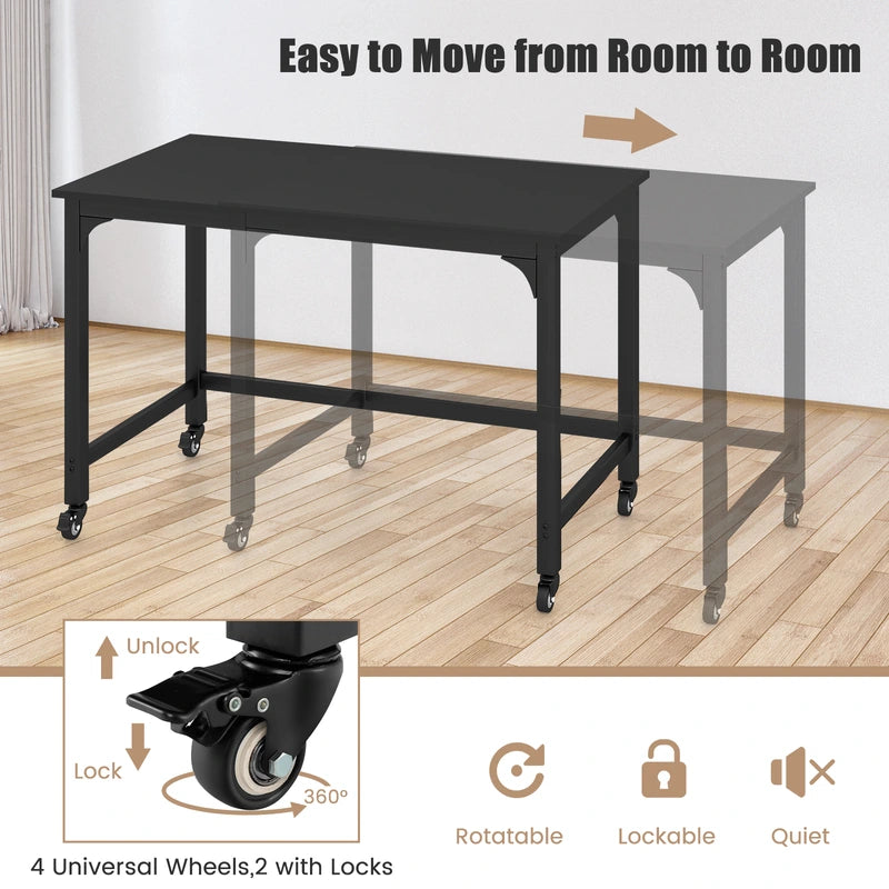 Rolling Computer Desk with Lockable Casters for Home Office - Black