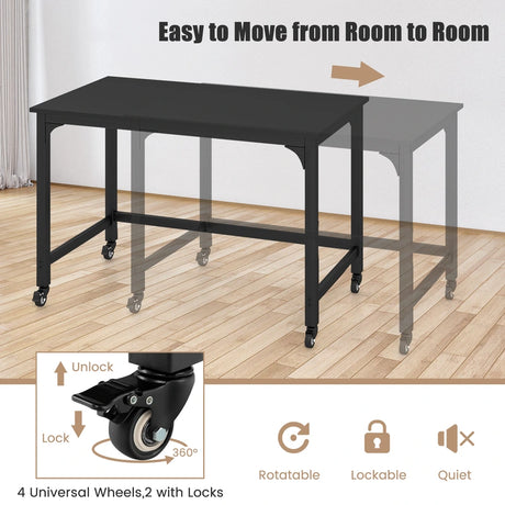 Rolling Computer Desk with Lockable Casters for Home Office - Black