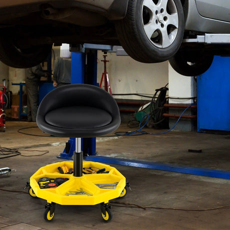 54-67 CM Height Adjustable Rolling Garage Stool with Tool Tray Storage-Yellow