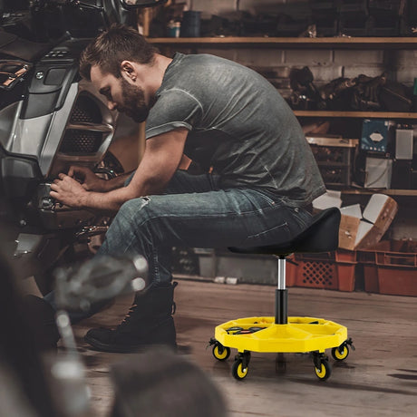 54-67 CM Height Adjustable Rolling Garage Stool with Tool Tray Storage-Yellow