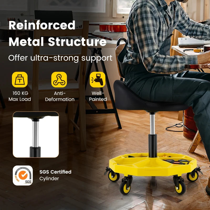 54-67 CM Height Adjustable Rolling Garage Stool with Tool Tray Storage-Yellow