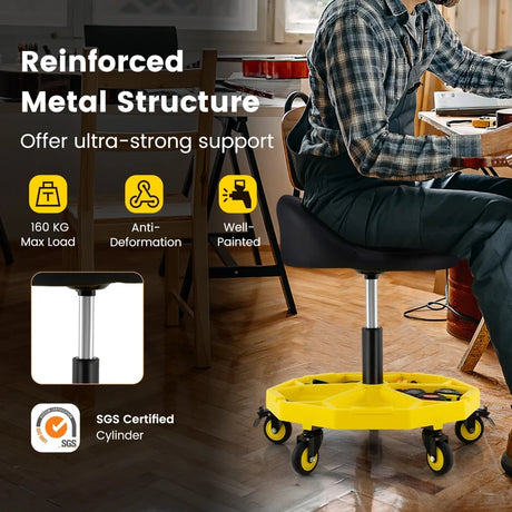54-67 CM Height Adjustable Rolling Garage Stool with Tool Tray Storage-Yellow