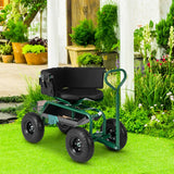 Rolling Garden Cart Scooter with Tray Storage Basket Tool Pouch Seat Cushion-Green