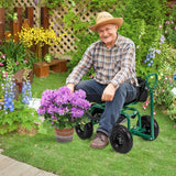 Rolling Garden Cart Scooter with Tray Storage Basket Tool Pouch Seat Cushion-Green