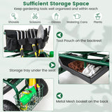 Rolling Garden Cart Scooter with Tray Storage Basket Tool Pouch Seat Cushion-Green