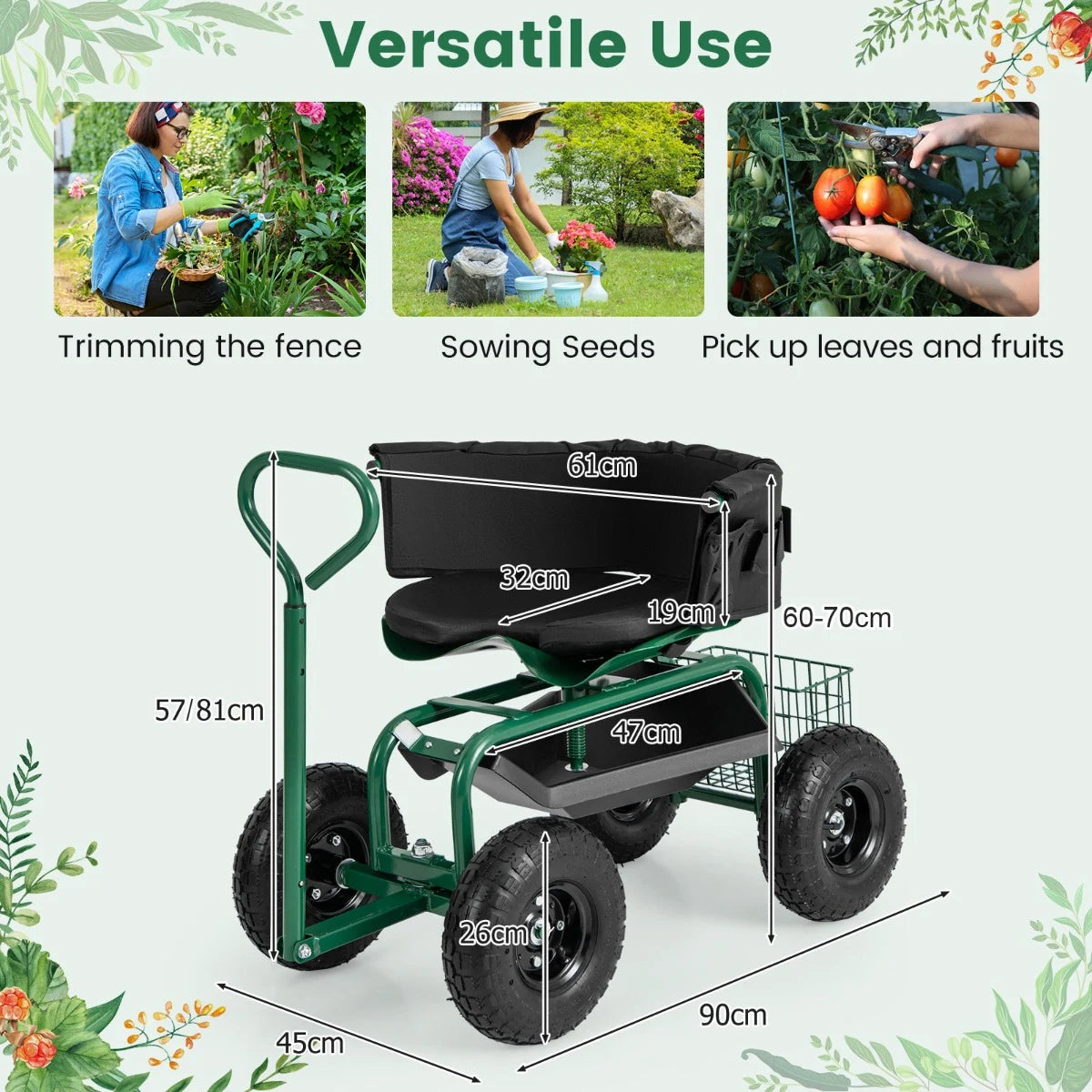Rolling Garden Cart Scooter with Tray Storage Basket Tool Pouch Seat Cushion-Green