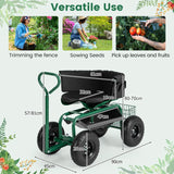 Rolling Garden Cart Scooter with Tray Storage Basket Tool Pouch Seat Cushion-Green