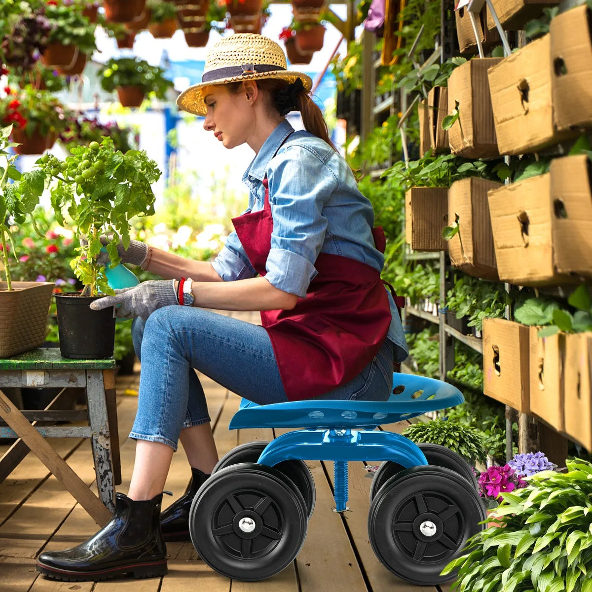 Garden Cart with Height Adjustable and Swivel Seat-Blue