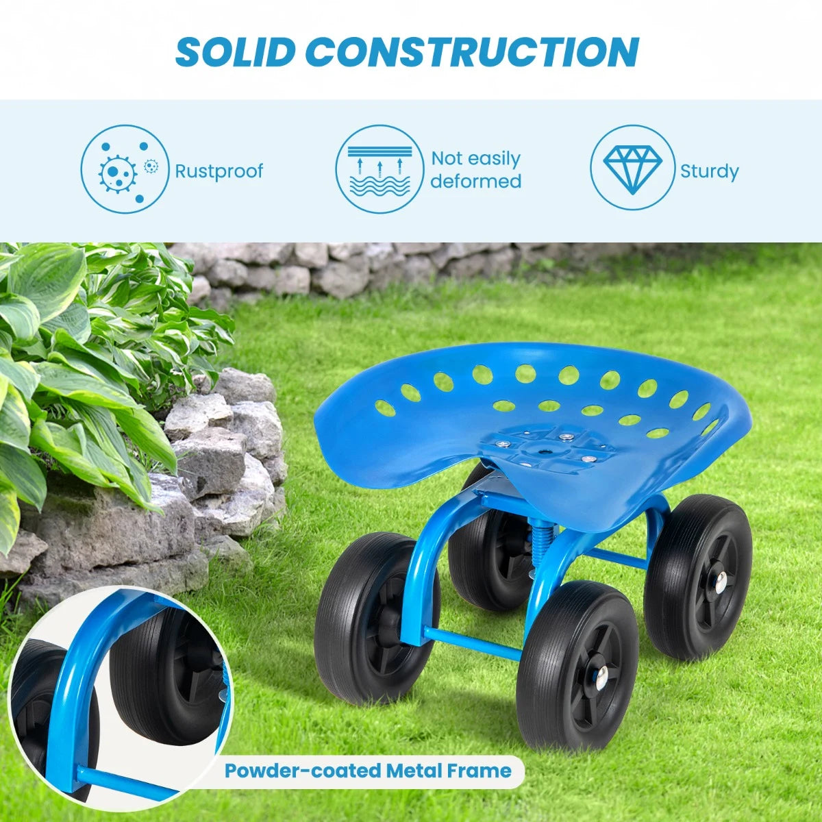 Garden Cart with Height Adjustable and Swivel Seat-Blue