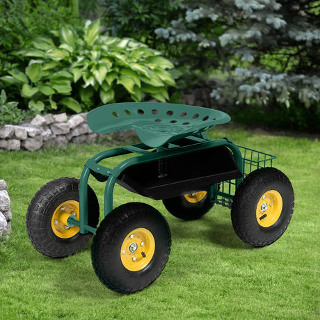Rolling Garden Cart With Tool Tray Work Seat For Gardening-Green