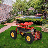 Rolling Garden Cart With Tool Tray Work Seat For Gardening-Red