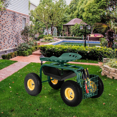 Rolling Garden Cart With Tool Tray Work Seat For Gardening-Green