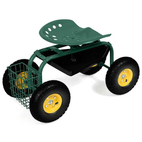 Rolling Garden Cart With Tool Tray Work Seat For Gardening-Green