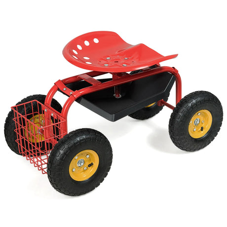 Rolling Garden Cart With Tool Tray Work Seat For Gardening-Red