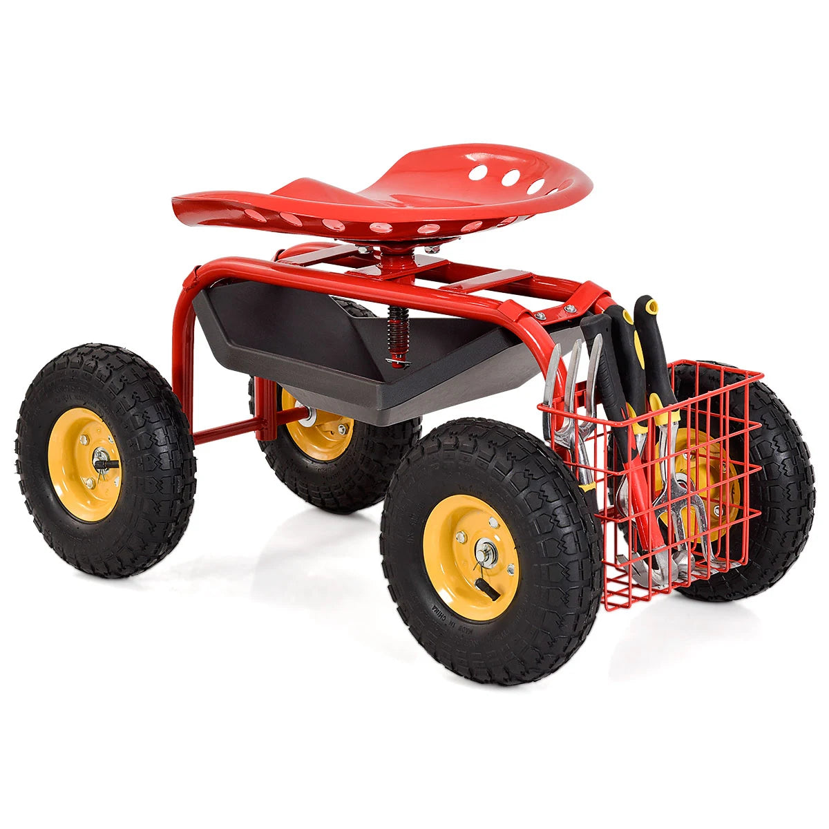Rolling Garden Cart With Tool Tray Work Seat For Gardening-Red