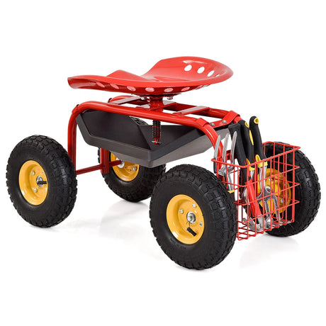 Rolling Garden Cart With Tool Tray Work Seat For Gardening-Red