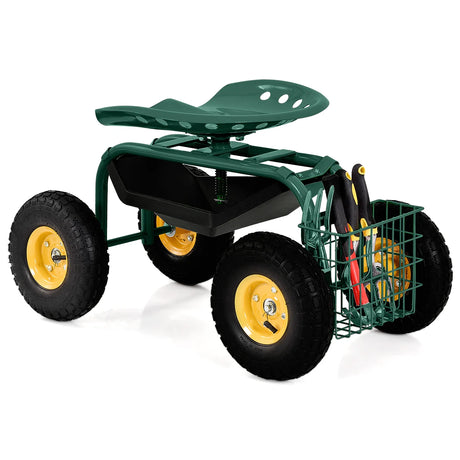 Rolling Garden Cart With Tool Tray Work Seat For Gardening-Green