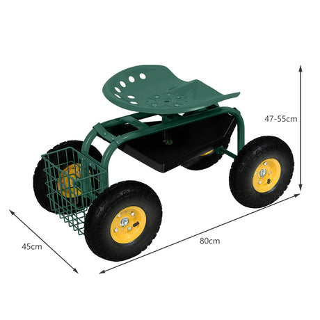 Rolling Garden Cart With Tool Tray Work Seat For Gardening-Green