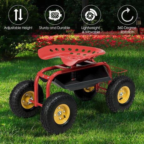 Rolling Garden Cart With Tool Tray Work Seat For Gardening-Red