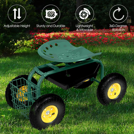Rolling Garden Cart With Tool Tray Work Seat For Gardening-Green