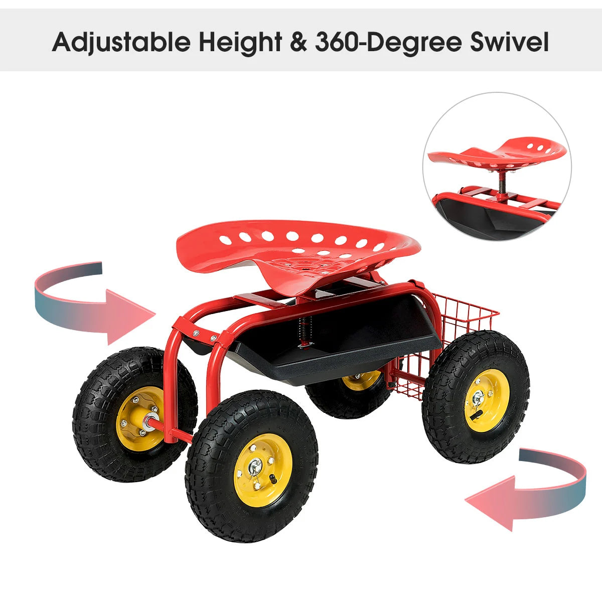 Rolling Garden Cart With Tool Tray Work Seat For Gardening-Red