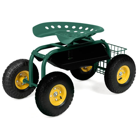 Rolling Garden Cart With Tool Tray Work Seat For Gardening-Green
