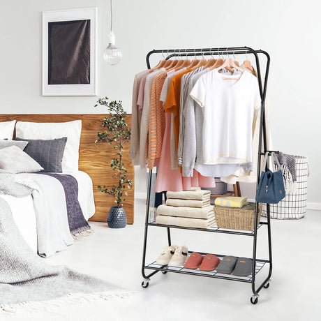 Heavy Duty Clothes Rack on Wheels with Shelves-Black