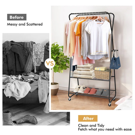 Heavy Duty Clothes Rack on Wheels with Shelves-Black