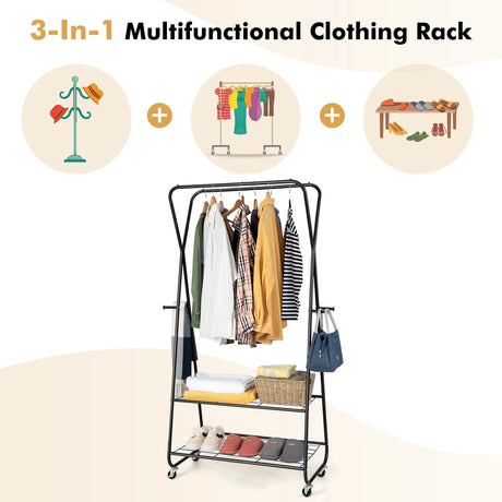 Heavy Duty Clothes Rack on Wheels with Shelves-Black