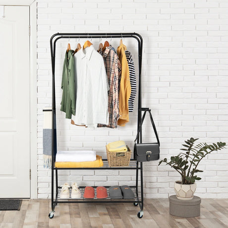 Heavy Duty Clothes Rack on Wheels with Shelves-Black